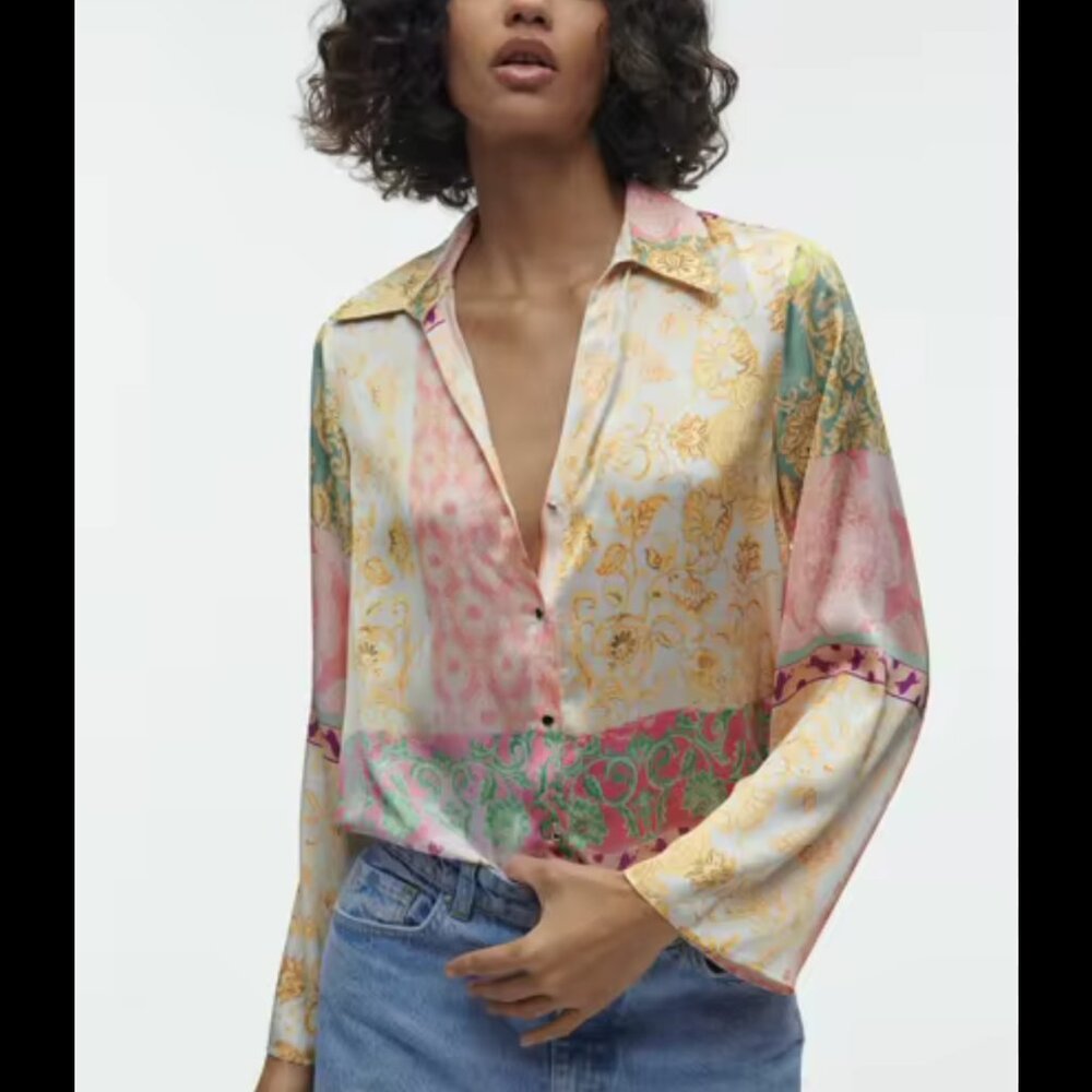 ZARA Patchwork print long sleeve button up size L